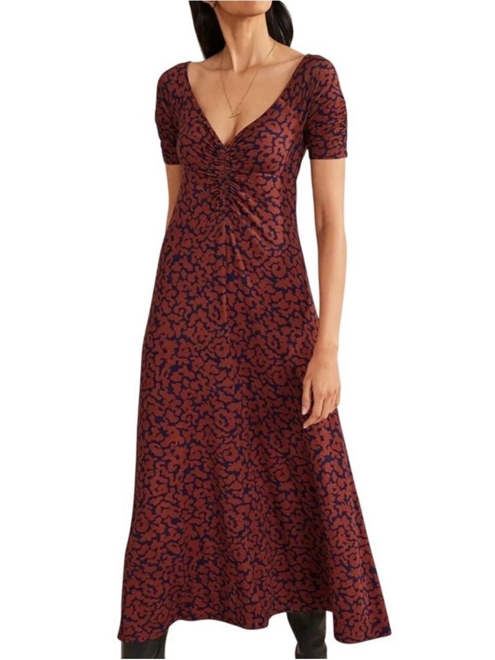 NWT Boden Printed Ruched Front Stretch Jersey Midi Dress